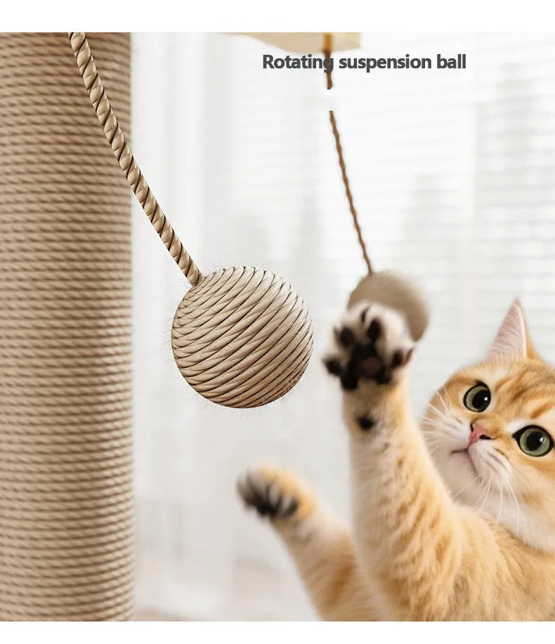 Windmill-shaped cat climbing frame with hanging ball toy made from pine wood and carpet leather