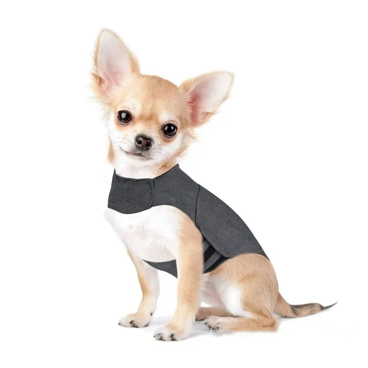 Heather Grey brocade cotton dog anxiety vest on a mannequin, showing sizing from XXS to XXL.