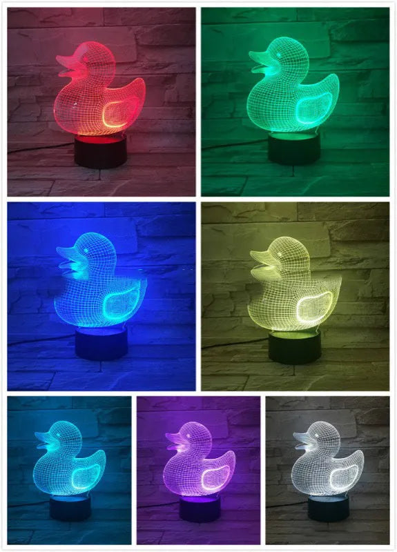 Little yellow duck 3D night light table lamp with remote control showing multiple colour lighting options