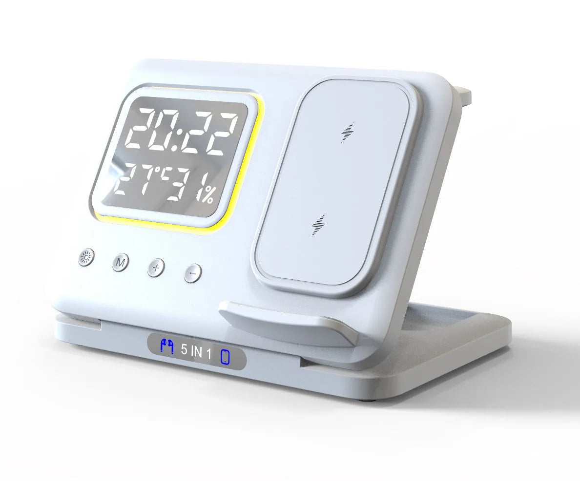 Black wireless charging station with digital clock displaying time and temperature charging phone and watch