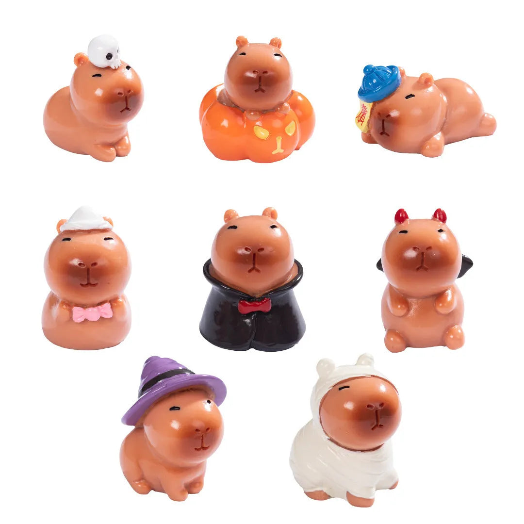 Capybara-shaped Halloween resin decorations showing eight different character designs