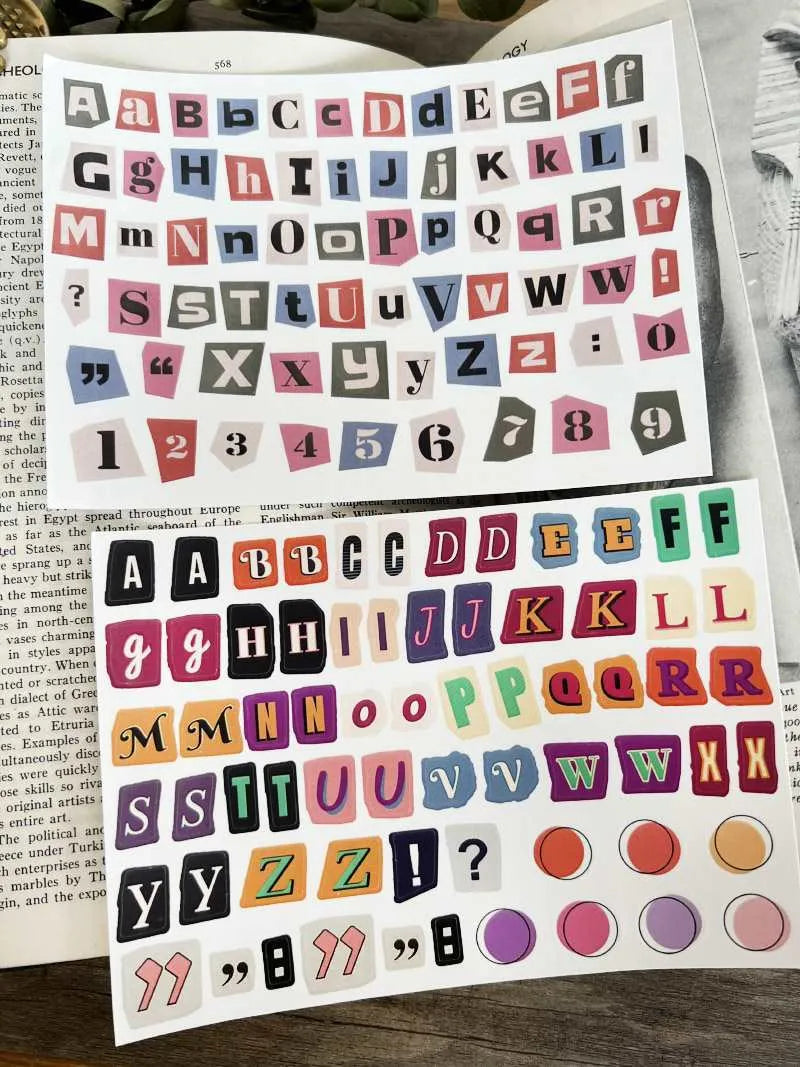 Set of English letters and numbers symbol stickers in cute style with printed alphabet and weekly words