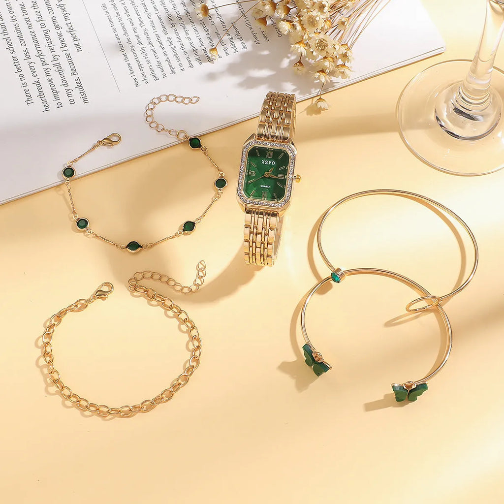 Gold green square women's watch with four matching bracelets, alloy case with jewellery buckle