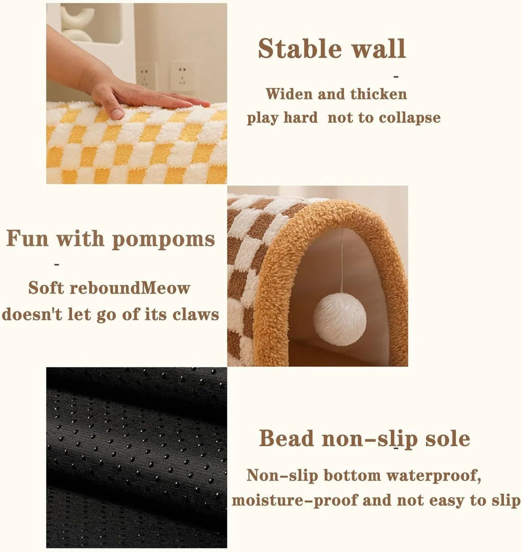 Brown and yellow plush plaid cat tunnel bed with central mat, shown in XL size for indoor cats.