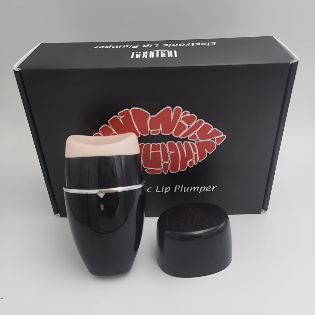 Black and white electric lip plumper device with silicone tip and 3 speed buttons