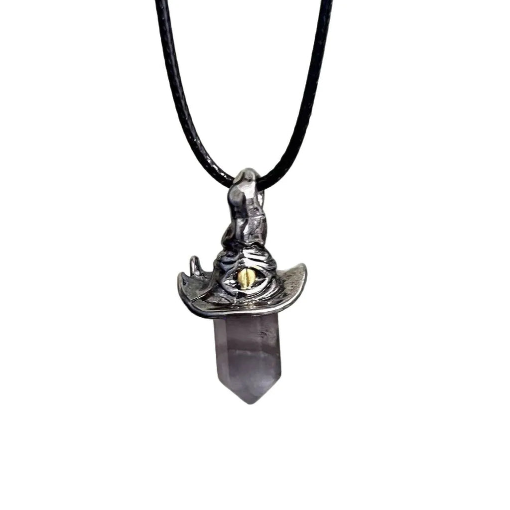 Retro hexagonal witch hat crystal pendant necklace with cowhide rope or black rope and keychain option