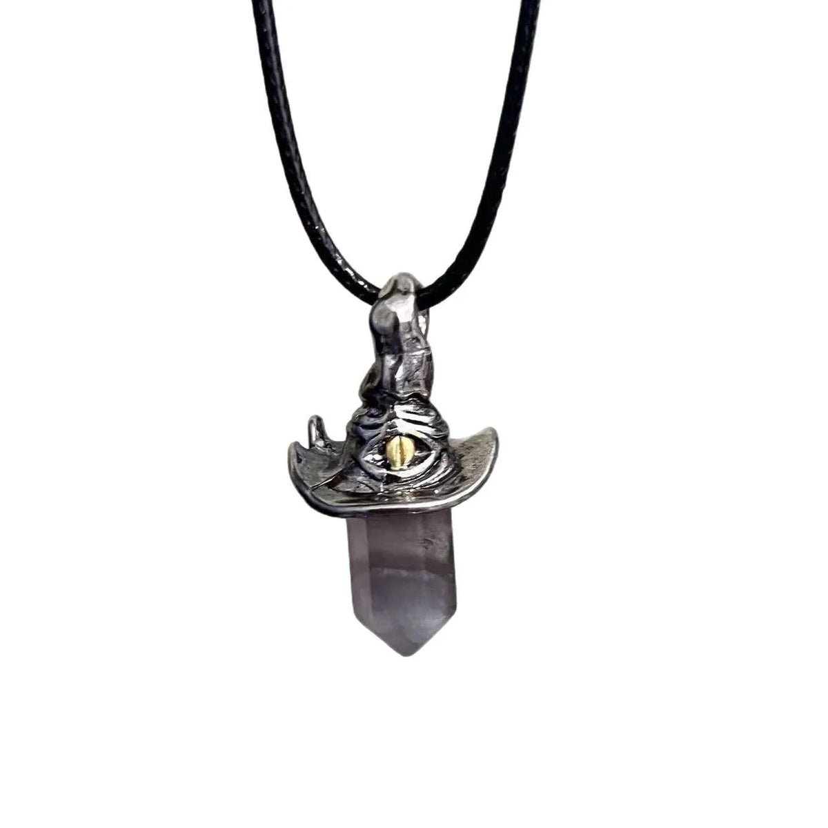 Retro hexagonal witch hat crystal pendant necklace with cowhide rope or black rope and keychain option