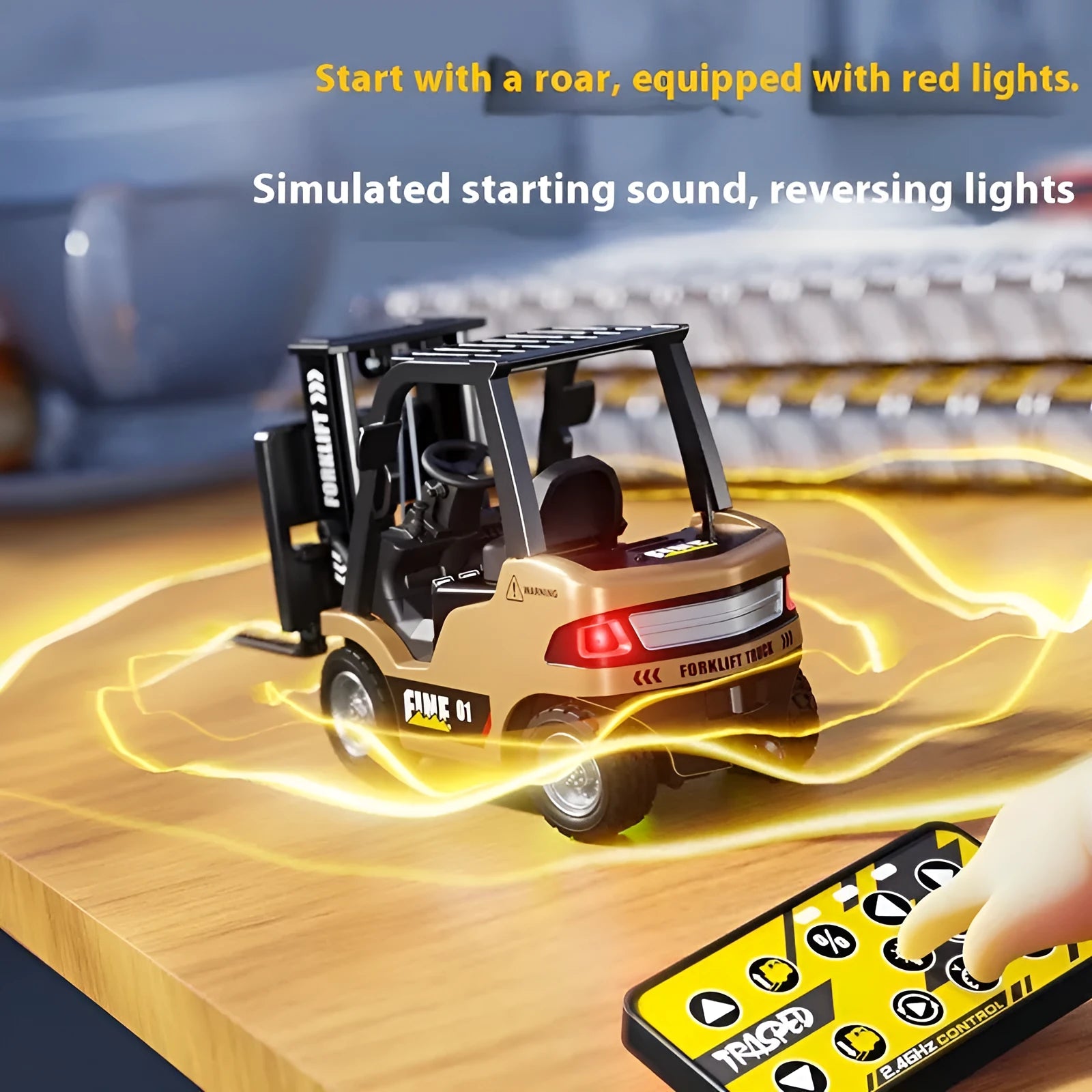 1:64 scale Bluetooth remote control alloy forklift model with accessories on training course