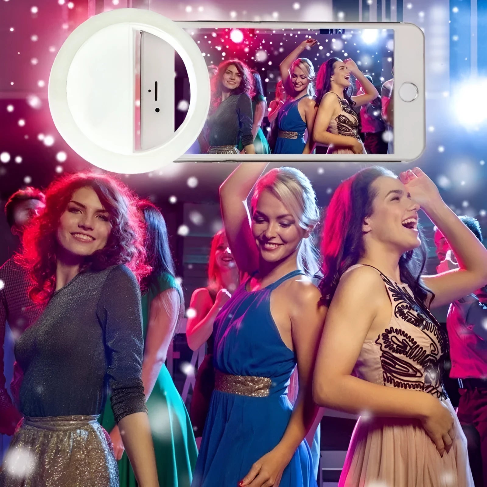 Clip-on LED selfie ring light attached to a mobile phone for low-light photography.