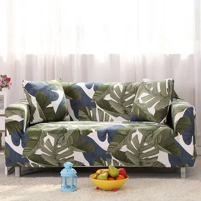 Printed geometric pattern sofa slipcover on a three-seater sofa in modern style