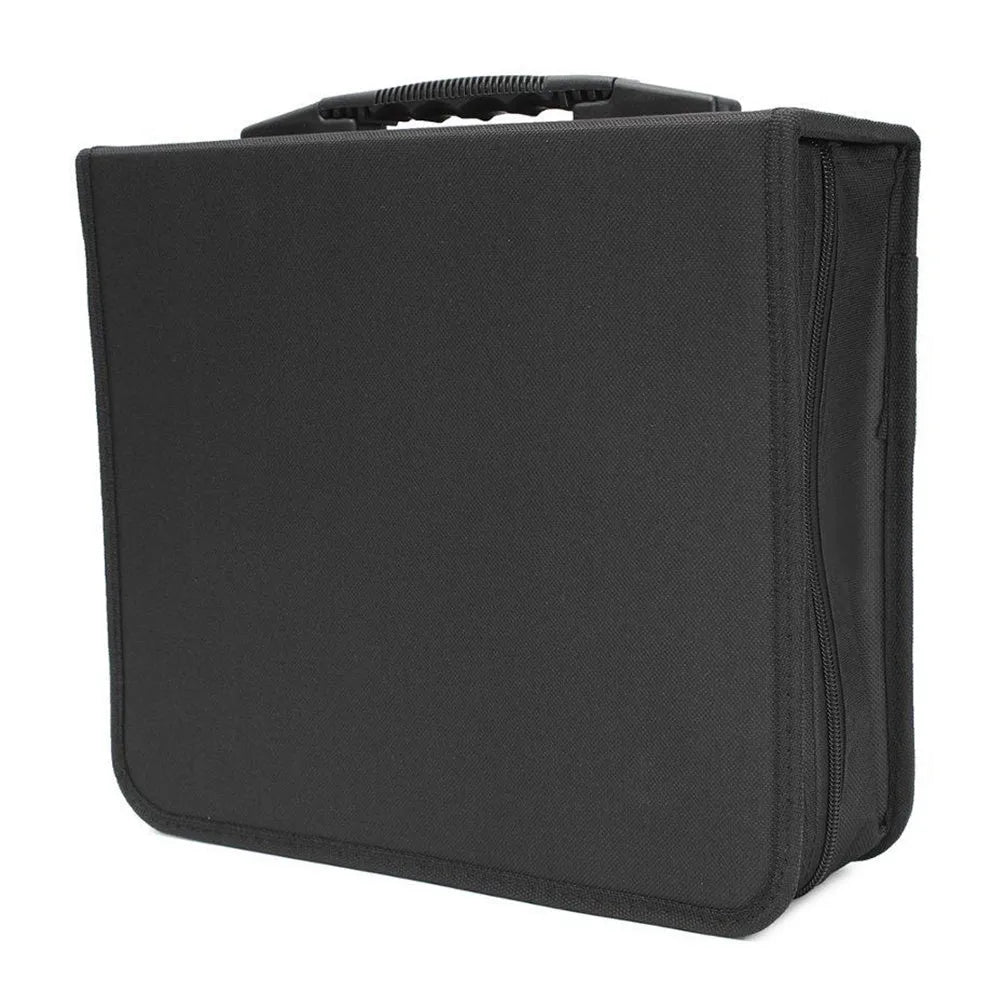 Black Oxford fabric CD DVD storage organiser binder bag with hand strap and zipper closure
