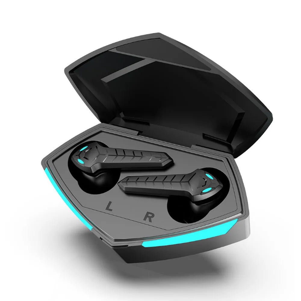 X15 wireless Bluetooth in-ear gaming headset with charging case, shown in black.