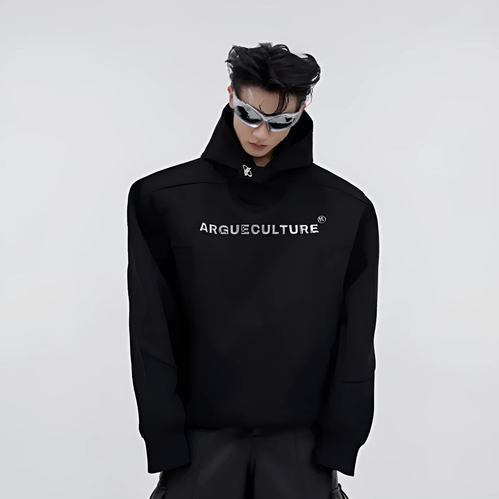 Men's loose hooded sweater with metal three-dimensional printing design in red colour