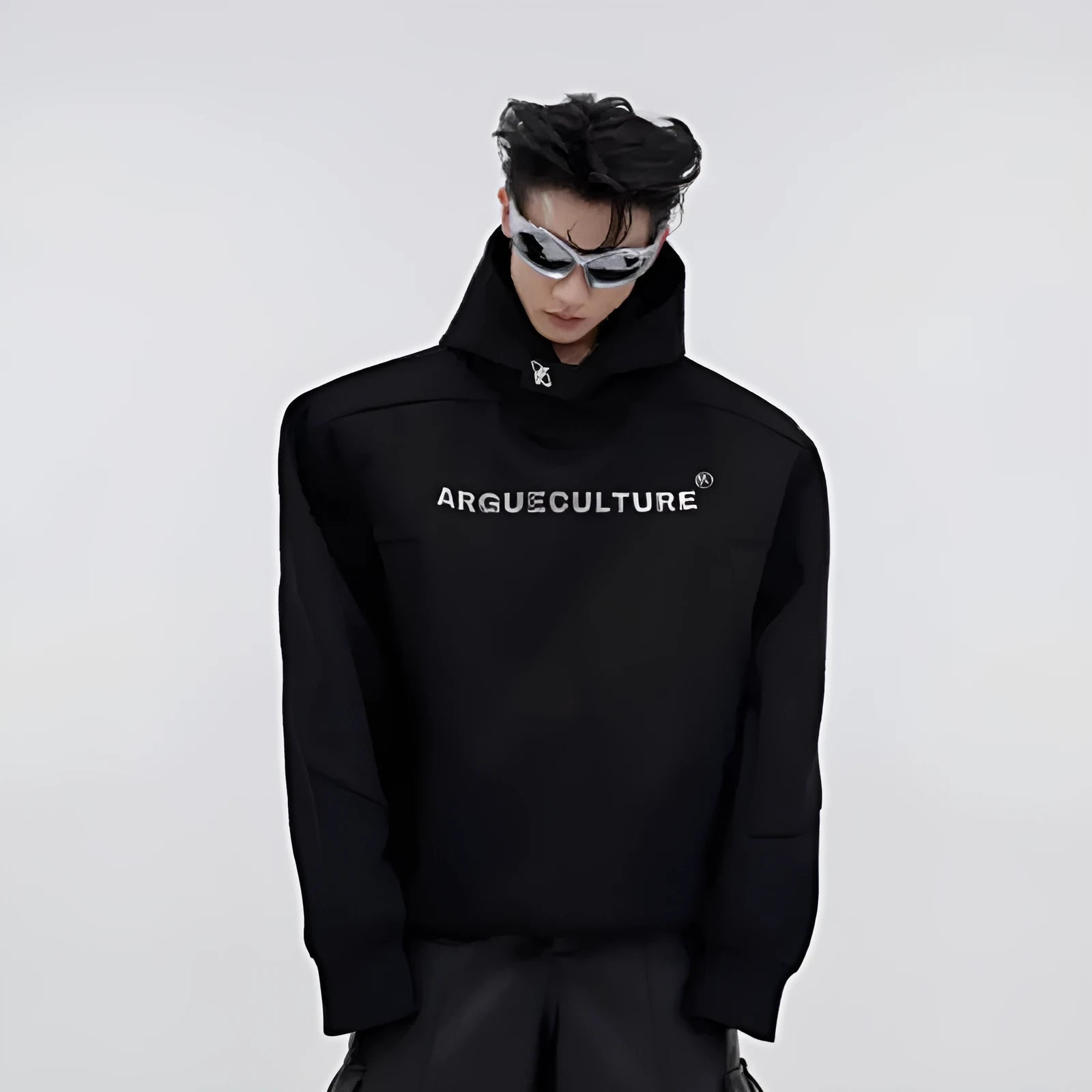Men's loose hooded sweater with metal three-dimensional printing design in red colour