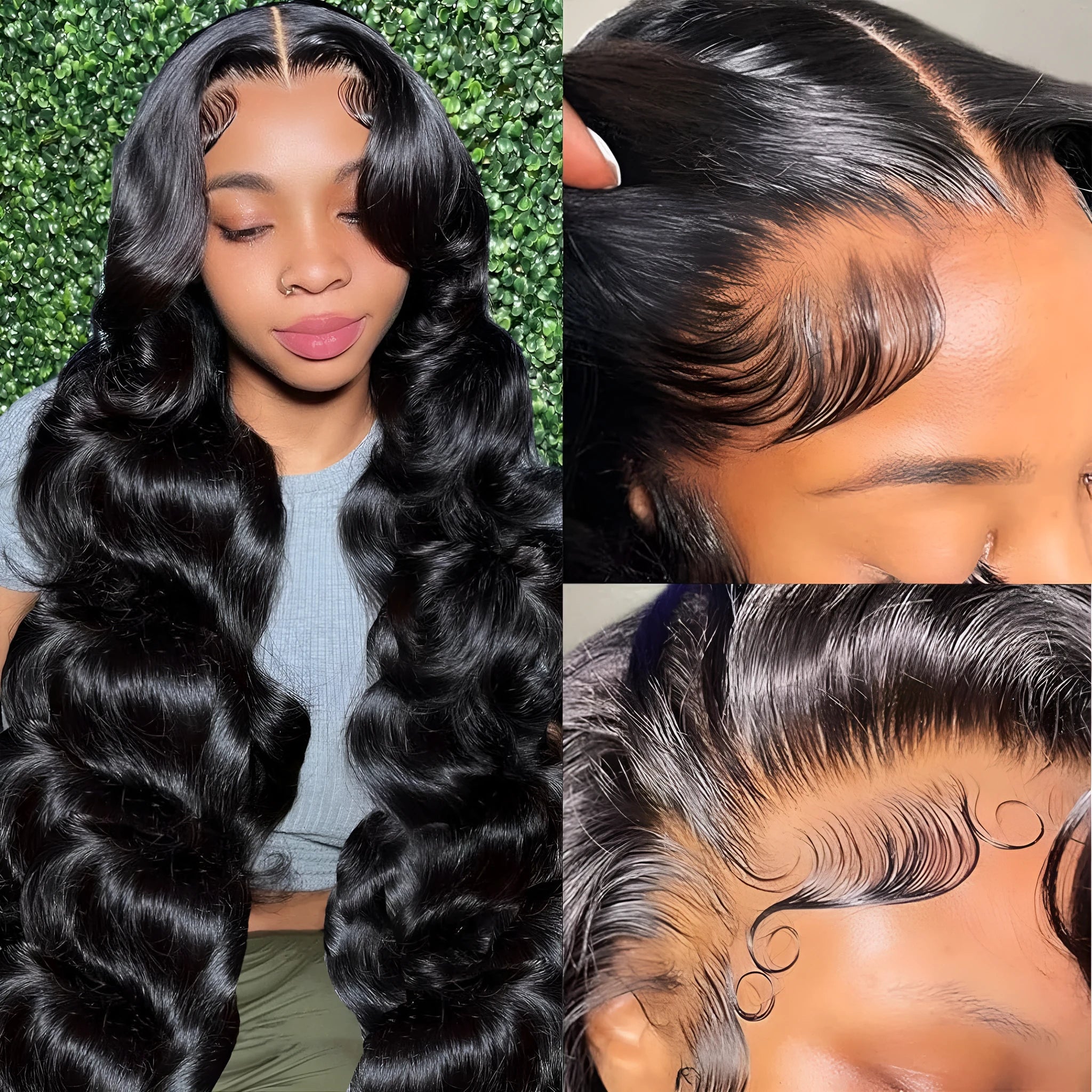 Black synthetic full-head wig with medium-long curly waves, shown on a model or wig stand.