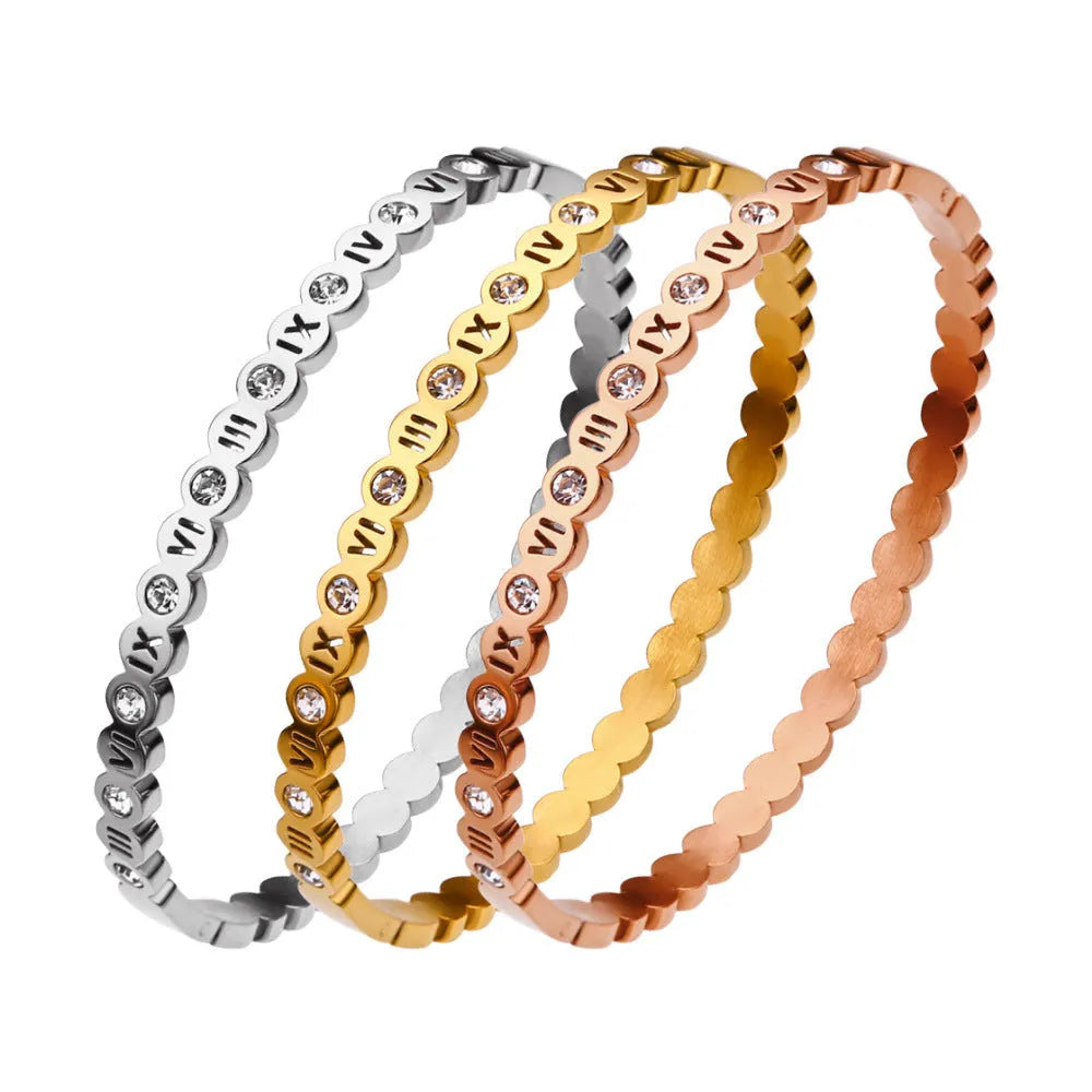 Titanium steel Korean style bracelet with numerical elements in gold, rose gold, steel colours