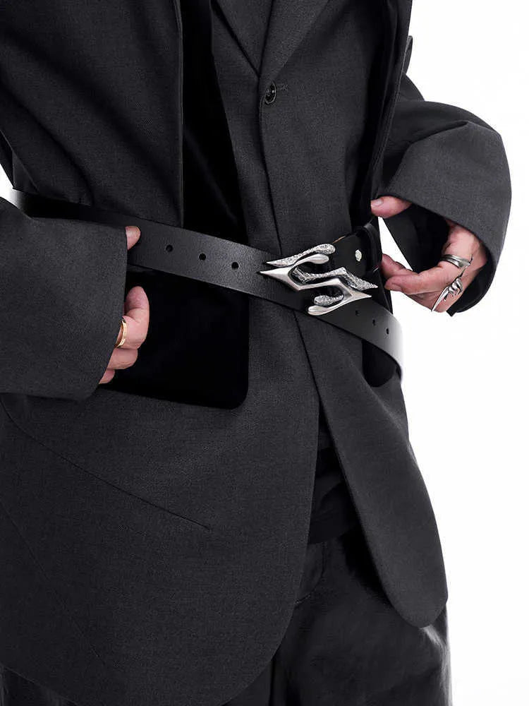 Black two-layer cowhide men's leather belt with metal letter buckle, length 110 cm