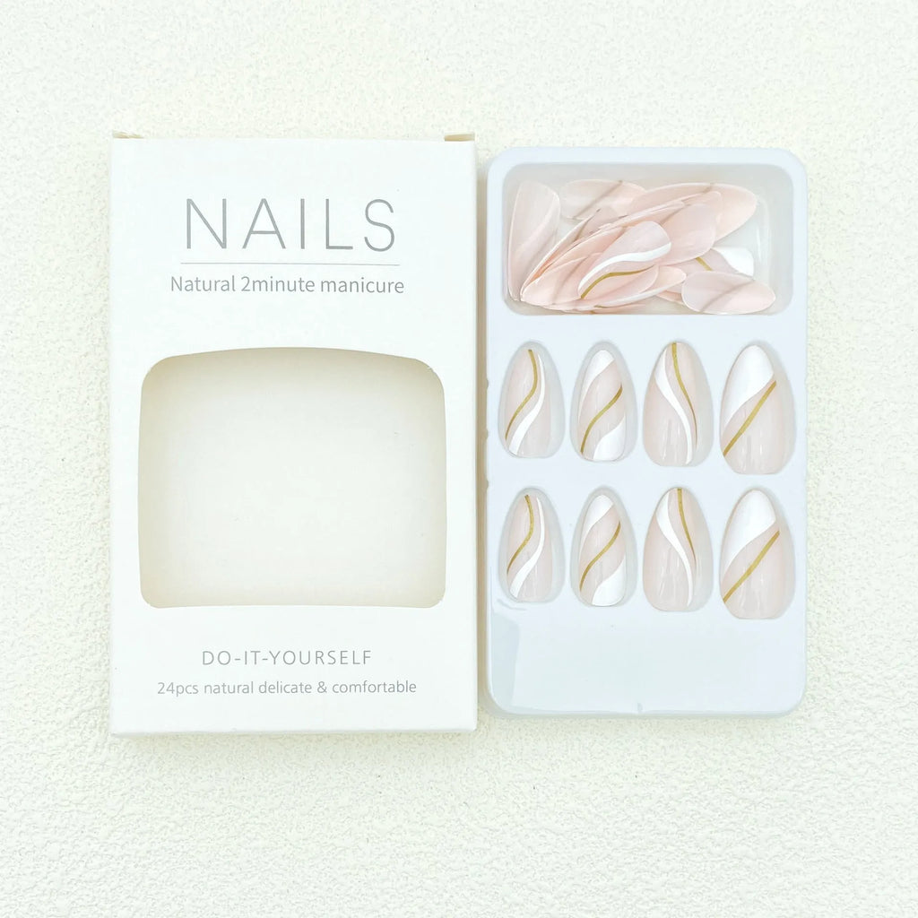 Golden lines plaid pattern wearable nail stickers in JF0518 jelly glue colour with medium drop shape design