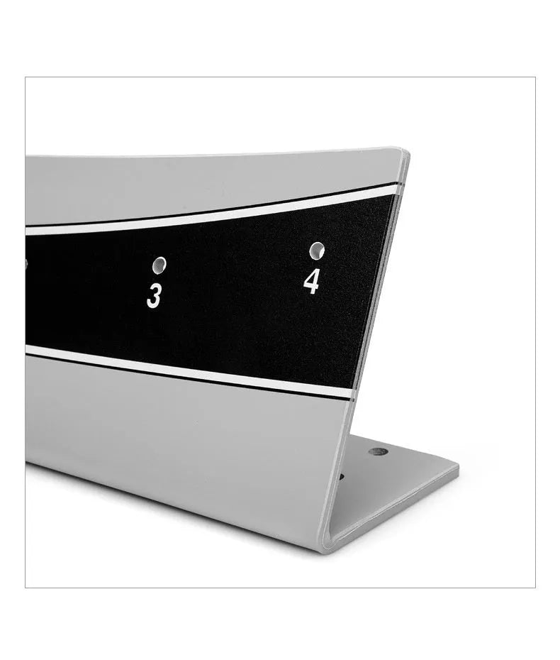 Golf putter trajectory balance simulator with adjustable push rod on a flat surface.