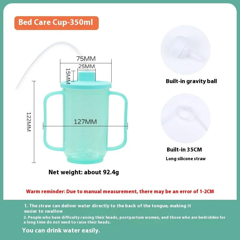 Adult care bed drinking cup with handle and lid, shown in oblique mouth choke proof style