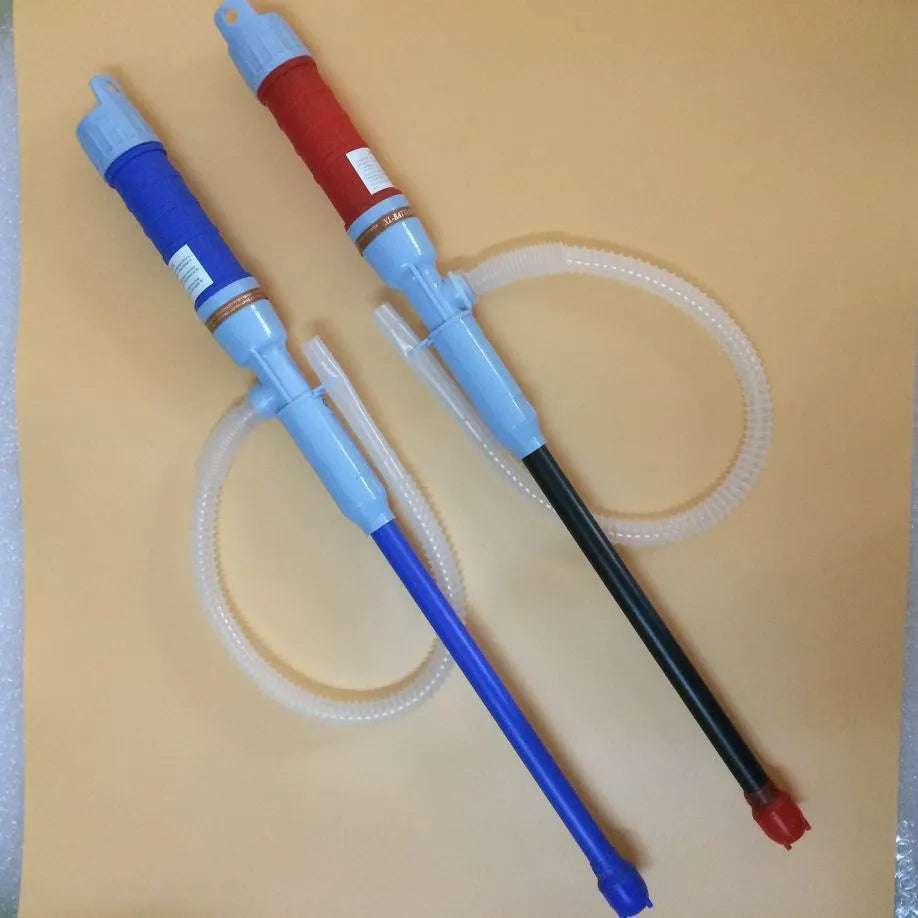 Manual hand siphon pump made of PP plastic for transferring fuel and oil in blue or red