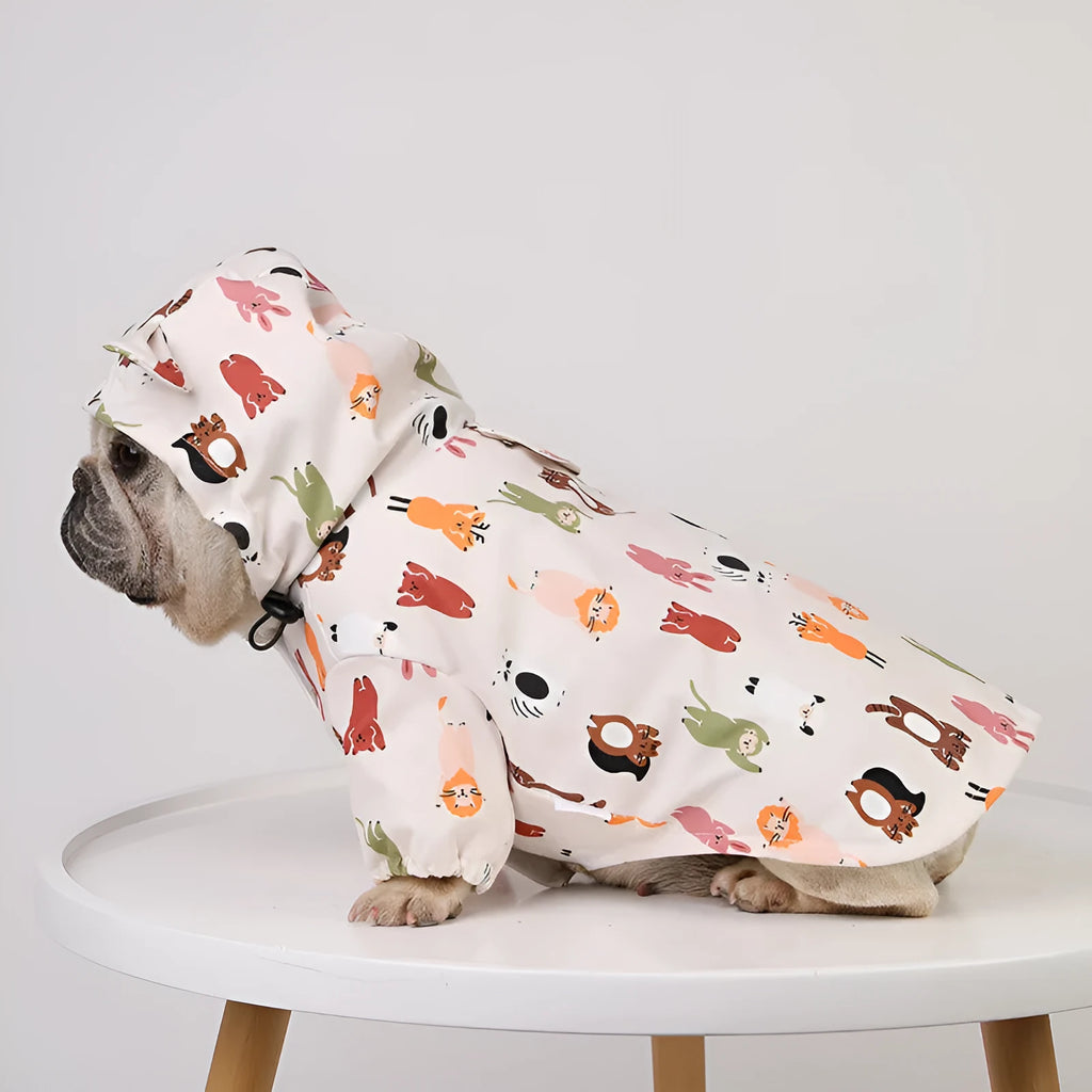 Beige cartoon dog raincoat with waterproof PU coating shown in small animal or cat head design