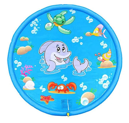 Blue PVC children's water spray mat with marine animal print measuring 100cm by 170cm