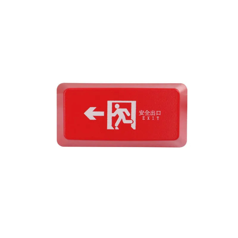 Transparent mechanical keyboard keycap with safety evacuation exit icon in red or black