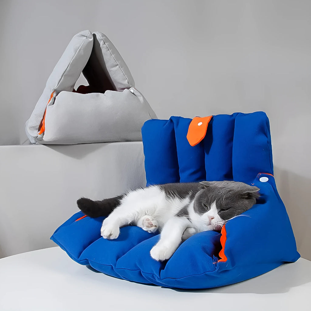 Blue triangular sofa-style cat bed with a removable cover and connection holes on the side.