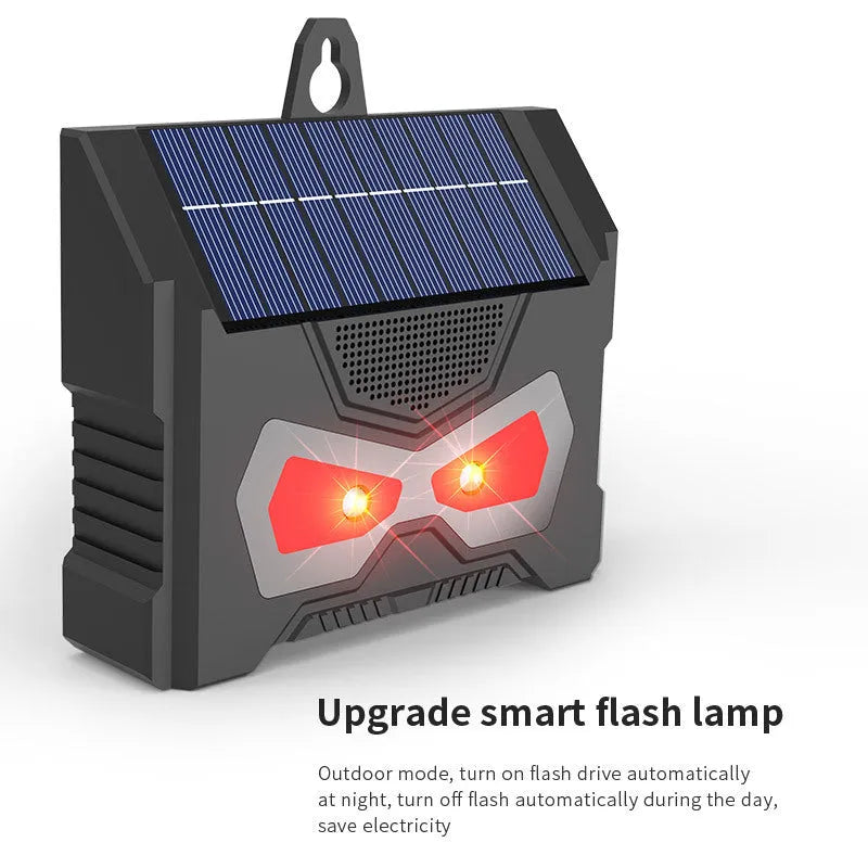 Black outdoor ultrasonic animal repeller with solar panel and charging cable