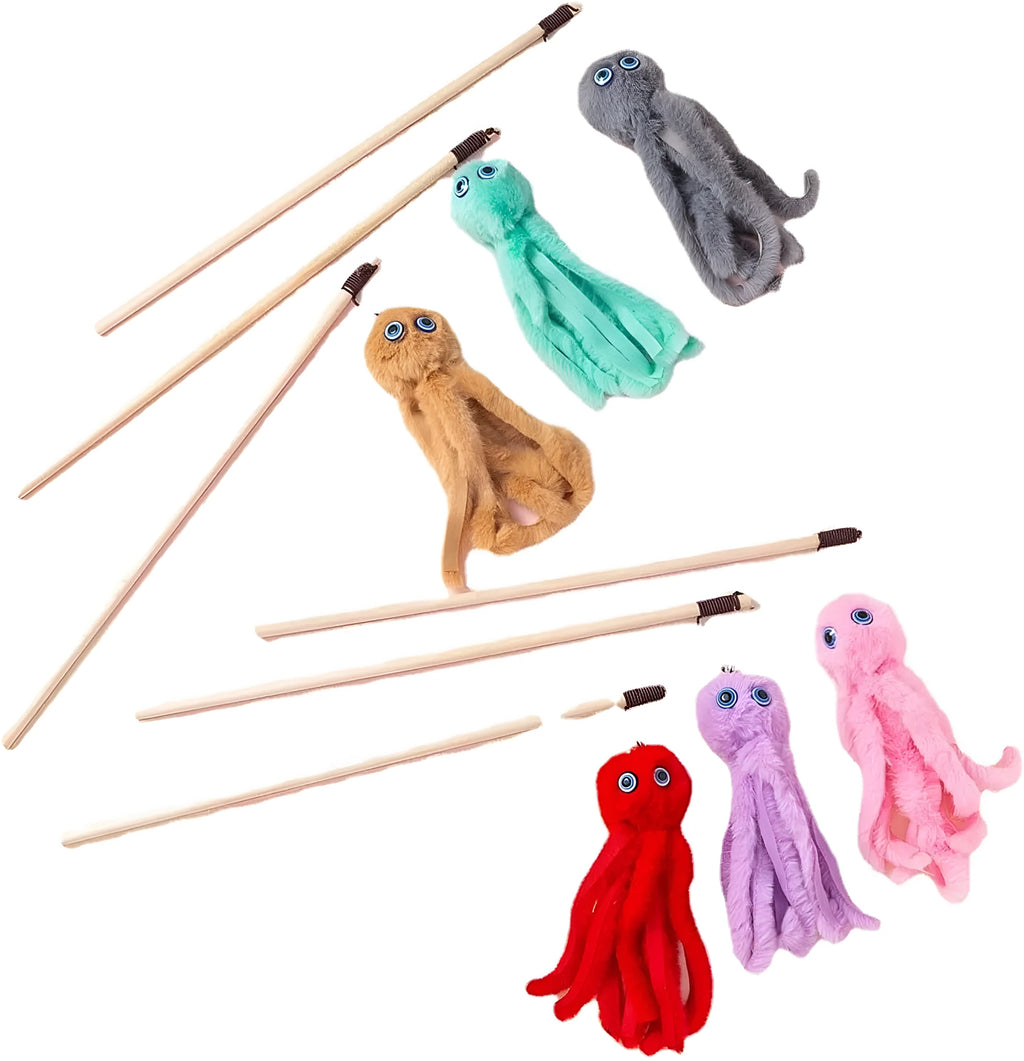 Furry octopus cat toy attached to long stick for interactive indoor play with kittens