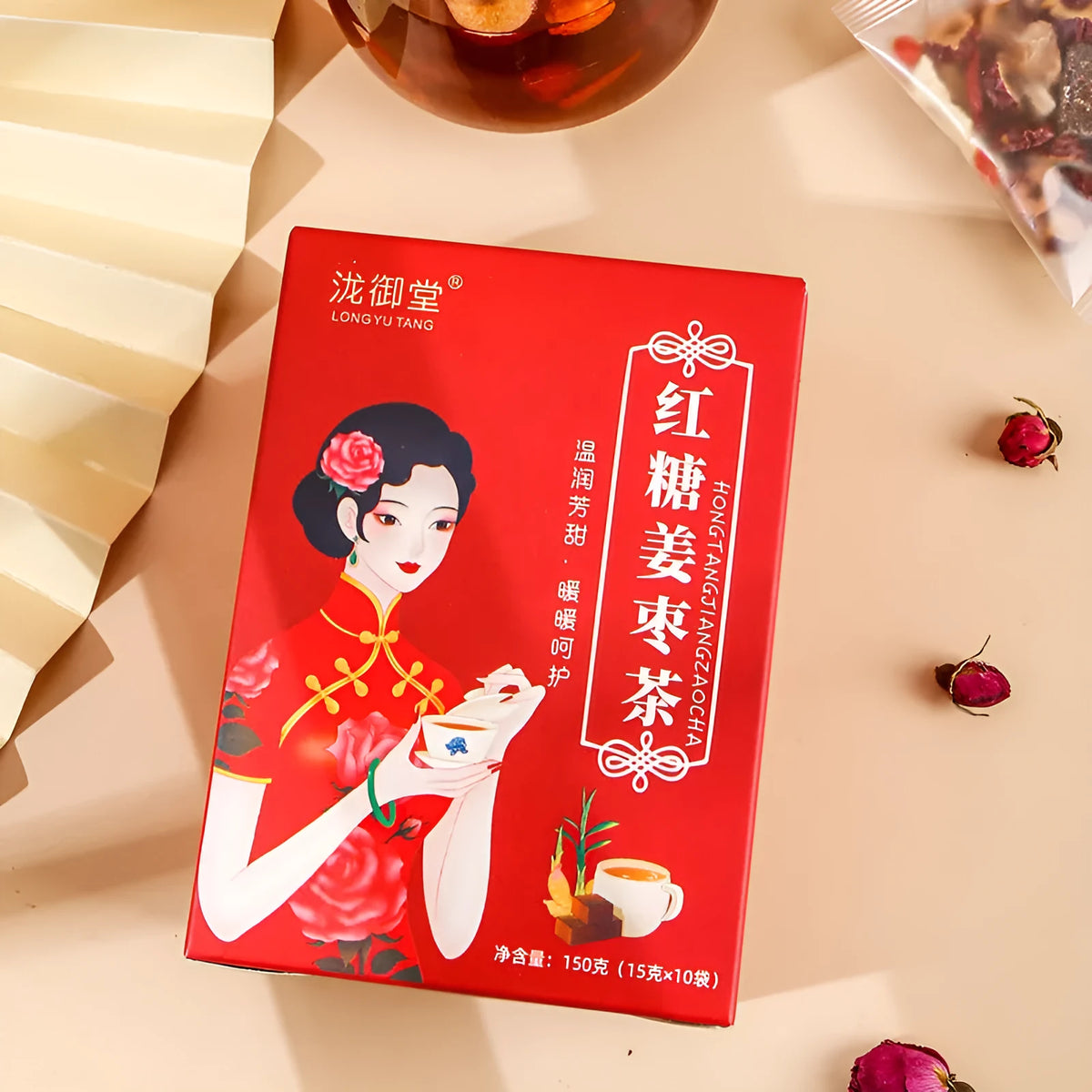 Box of Yuantang ginger jujube tea with 150g weight containing herbal tea bags