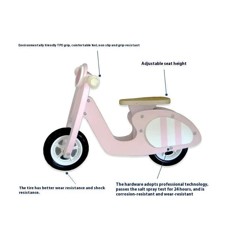 Pink wooden balance scooter for toddlers and children aged 1-6 years.