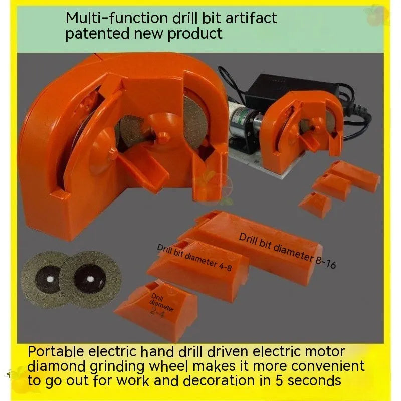 Portable handheld grinding tool with orange and black grinding wheel sets on workbench