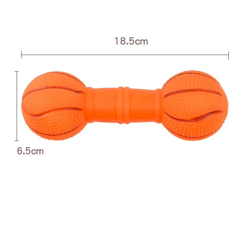 Colourful PVC squeaky dog toy shaped like a football dumbbell on a white background.