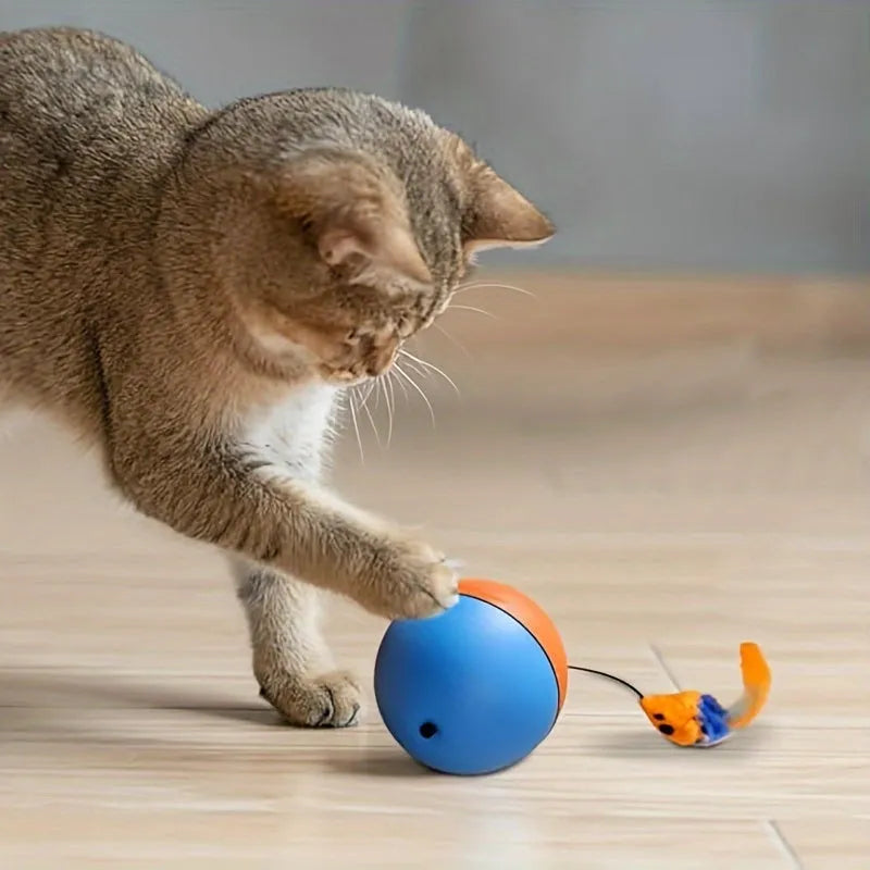 Blue and orange interactive cat toy ball with plush mouse attachment