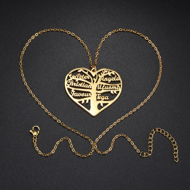 Women's personalised stainless steel necklace with hollow heart life tree pendant for custom names