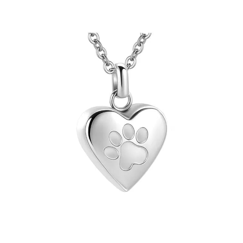 Openable titanium steel heart pendant necklace with engraved paw print for ashes.