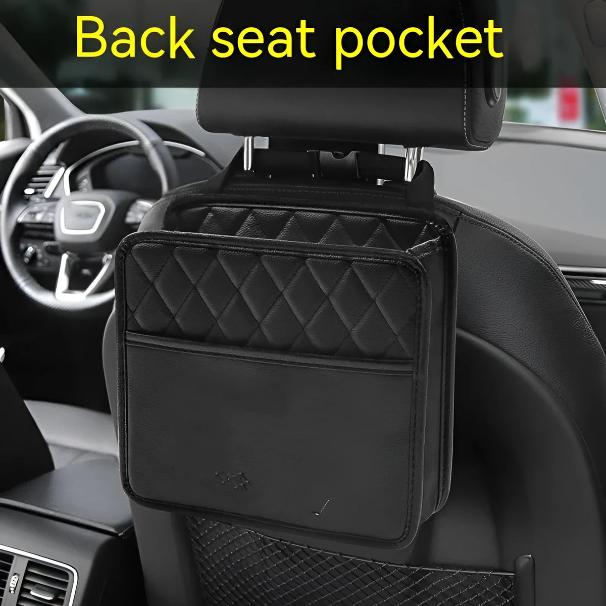 Black leather hanging storage bag for car interior, showing size and hanging loop.