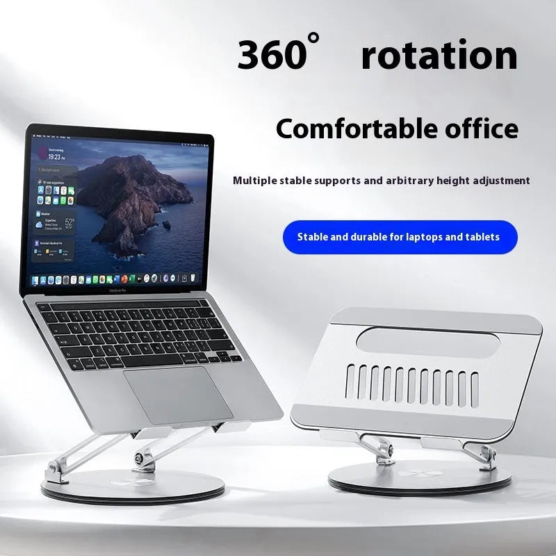 Silver aluminium alloy laptop stand with rotatable and foldable design on desk