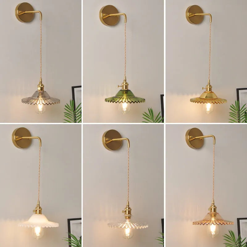 Copper retro wall lamp with lotus-shaped glass shade in six colour options