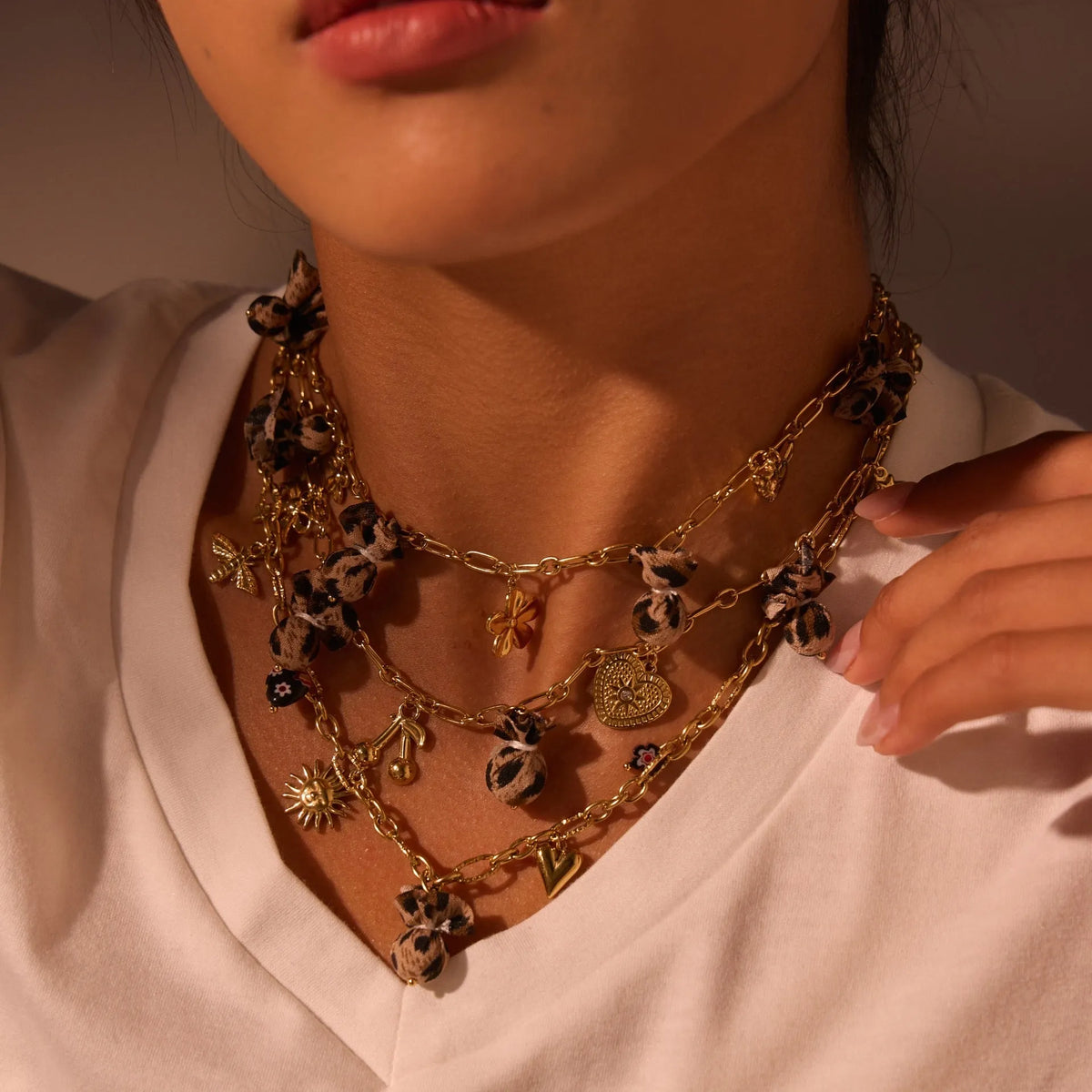 Women's stainless steel necklace with leopard, love heart, and flowers pendant on a regular chain.