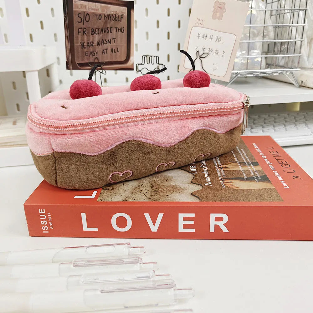 Cherry cake coloured plush velvet pencil bag with Korean style design.