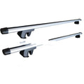 Alloy roof rack crossbar kit for General Motors SUV on vehicle roof, showing adjustable width.