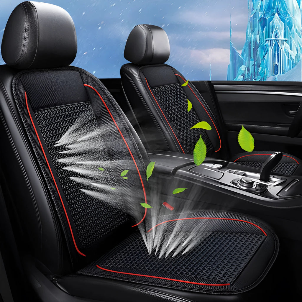 Black car ventilation seat cushion measuring 60cm square with power cord for 12V or 24V connection