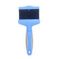 Double-sided pet grooming brush with stainless steel pins in blue or pink, showing ergonomic handle and pin details