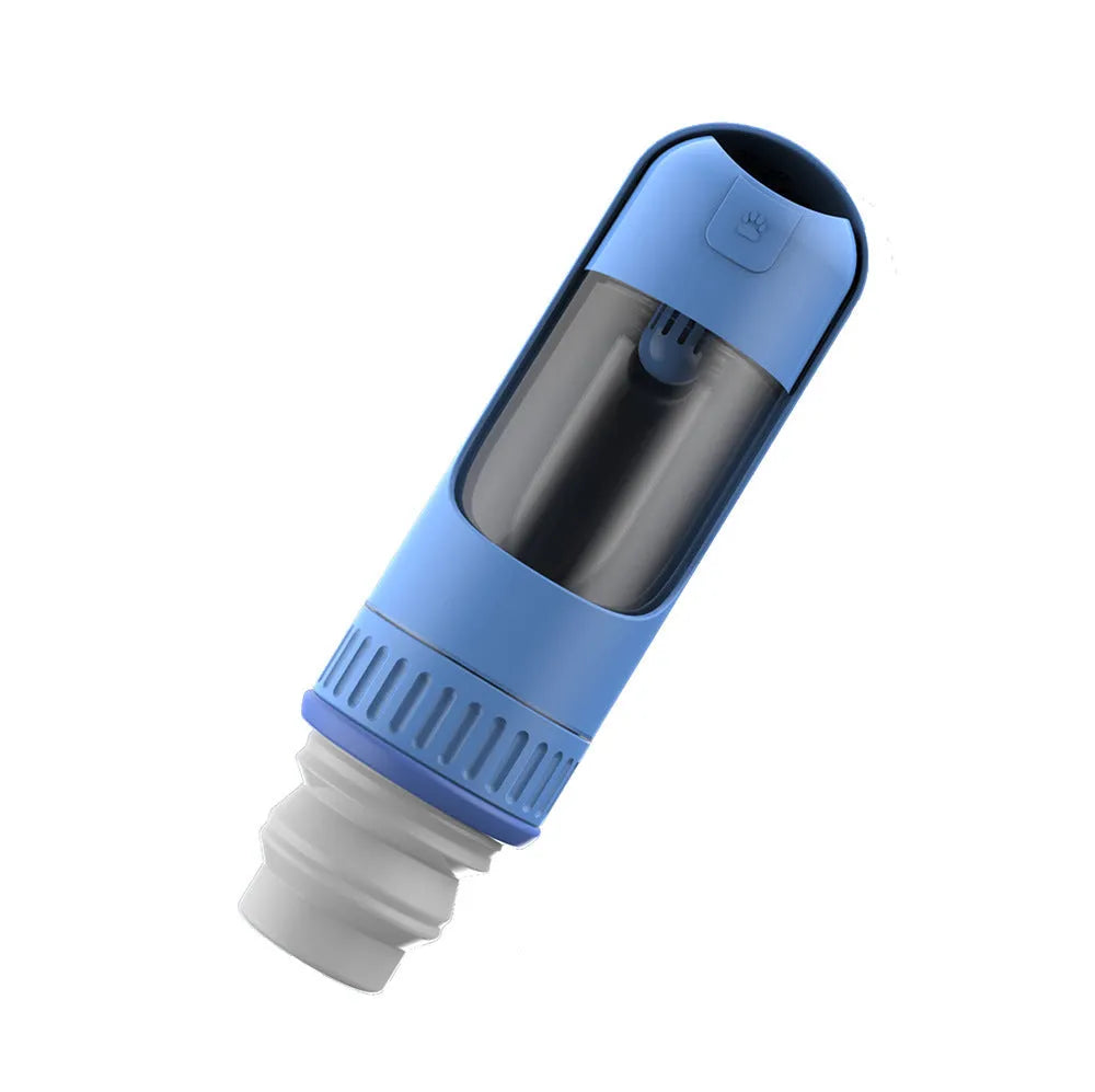 Dark blue portable dog water bottle with integrated drinking bowl showing leak-proof lock mechanism