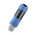 Dark blue portable dog water bottle with integrated drinking bowl showing leak-proof lock mechanism