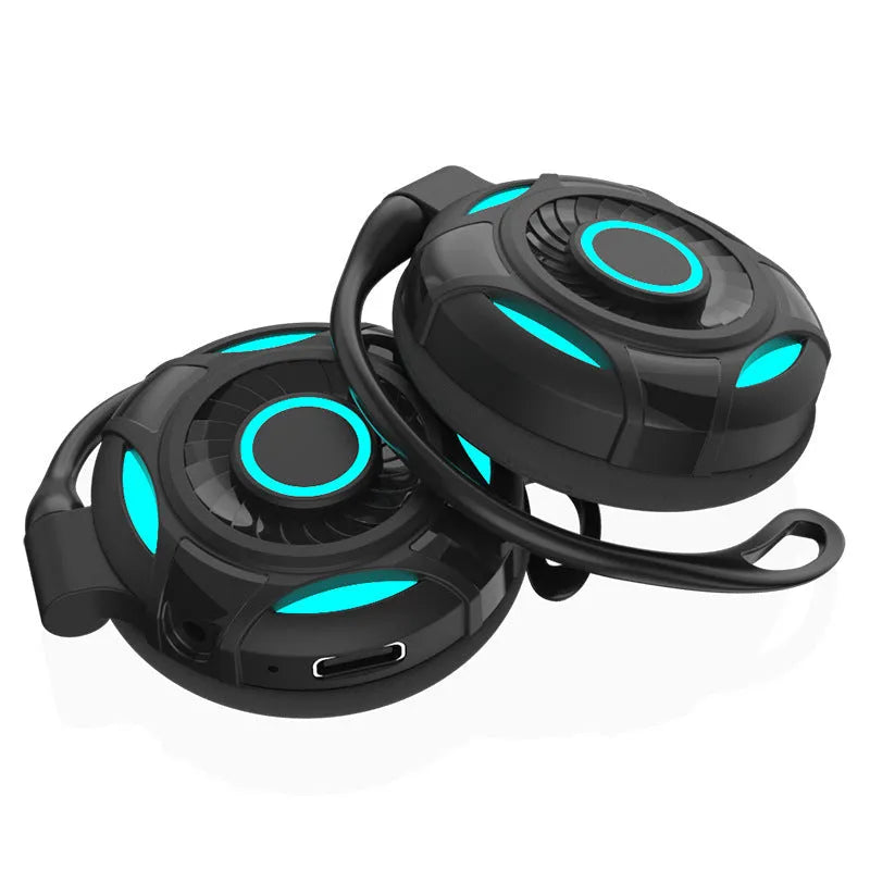 Black Bluetooth gaming earphones with hanging ear type design and USB charging cable