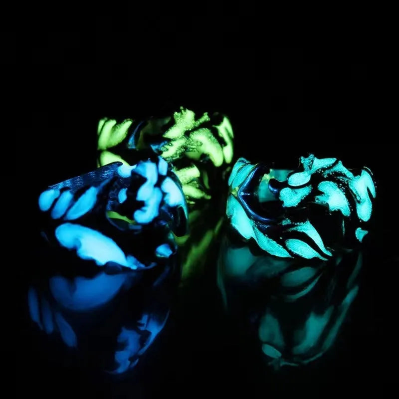 Chinese style luminous dragon pattern adjustable ring in antique silver blue and green electroplated finish
